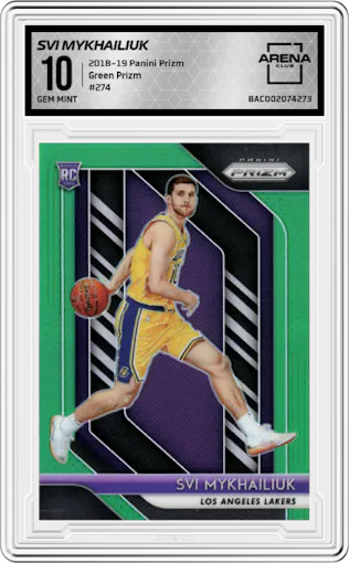 Svi Mykhailiuk from the 2018-19 Panini Prizm set featuring a Green Prizm parallel graded by Arena Club and given an overall grade of 10.