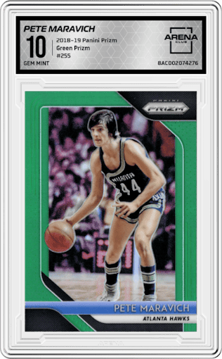 Pete Maravich from the 2018-19 Panini Prizm set featuring a Green Prizm parallel graded by Arena Club and given an overall grade of 10.