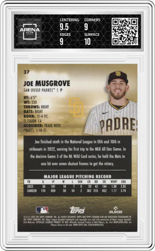 Joe Musgrove from the 2023 Topps Stadium Club set graded by Arena Club and given an overall grade of 9.5.