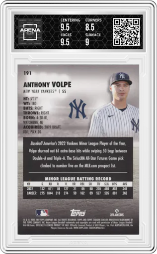 Anthony Volpe from the 2023 Topps Stadium Club set featuring a Black & white parallel graded by Arena Club and given an overall grade of 9.