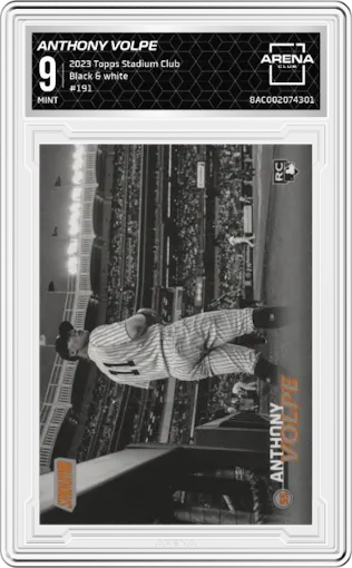 Anthony Volpe from the 2023 Topps Stadium Club set featuring a Black & white parallel graded by Arena Club and given an overall grade of 9.