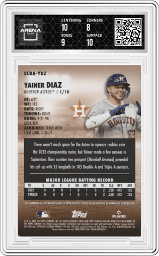 Yainer Diaz from the 2023 Topps Stadium Club set graded by Arena Club and given an overall grade of 8.5.