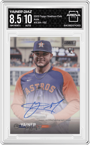 Yainer Diaz from the 2023 Topps Stadium Club set graded by Arena Club and given an overall grade of 8.5.