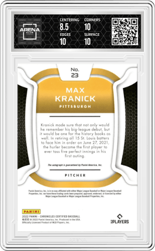 Max Kranick from the 2022 Panini Chronicles set graded by Arena Club and given an overall grade of 9.