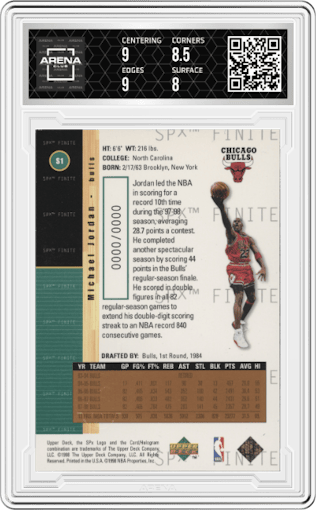 Michael Jordan from the 1998-99 SPx Finite set featuring a Sample parallel graded by Arena Club and given an overall grade of 8.5.