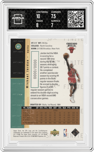 Michael Jordan from the 1998-99 SPx Finite set featuring a Sample parallel graded by Arena Club and given an overall grade of 7.5.