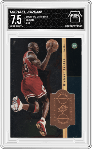 Michael Jordan from the 1998-99 SPx Finite set featuring a Sample parallel graded by Arena Club and given an overall grade of 7.5.