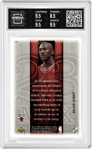 Michael Jordan from the 1999-00 Upper Deck MVP set featuring a Silver Script parallel graded by Arena Club and given an overall grade of 9.