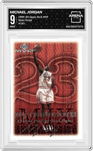Michael Jordan from the 1999-00 Upper Deck MVP set featuring a Silver Script parallel graded by Arena Club and given an overall grade of 9.