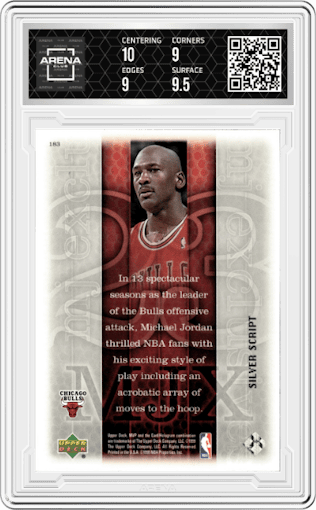 Michael Jordan from the 1999-00 Upper Deck MVP set featuring a Silver Script parallel graded by Arena Club and given an overall grade of 9.5.