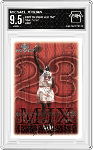 Michael Jordan from the 1999-00 Upper Deck MVP set featuring a Silver Script parallel graded by Arena Club and given an overall grade of 9.5.