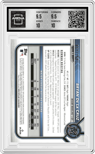 Bryan De La Cruz from the 2022 Bowman Chrome set featuring a Purple Refractor parallel graded by Arena Club and given an overall grade of 10.