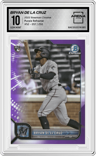 Bryan De La Cruz from the 2022 Bowman Chrome set featuring a Purple Refractor parallel graded by Arena Club and given an overall grade of 10.