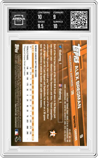 Alex Bregman from the 2017 Topps Chrome set featuring a X-Fractor parallel graded by Arena Club and given an overall grade of 9.5.