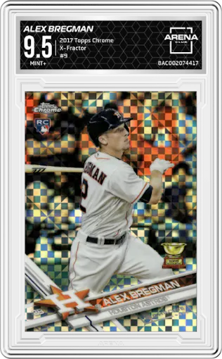 Alex Bregman from the 2017 Topps Chrome set featuring a X-Fractor parallel graded by Arena Club and given an overall grade of 9.5.