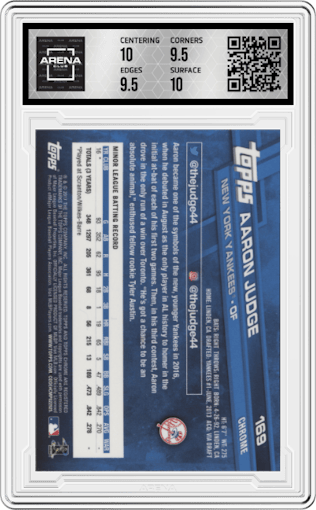 Aaron Judge from the 2017 Topps Chrome set graded by Arena Club and given an overall grade of 10.