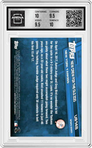 Aaron Judge/Greg Bird from the 2017 Topps Update set graded by Arena Club and given an overall grade of 10.
