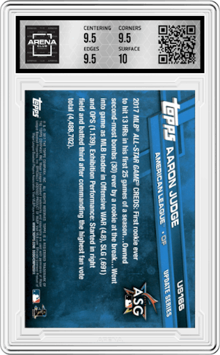 Aaron Judge from the 2017 Topps Update set graded by Arena Club and given an overall grade of 10.