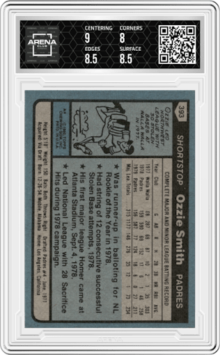 Ozzie Smith from the 1980 Topps set graded by Arena Club and given an overall grade of 8.5.