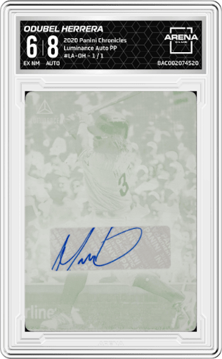 Odubel Herrera from the 2020 Panini Chronicles set featuring a Printing Plates parallel graded by Arena Club and given an overall grade of 6.