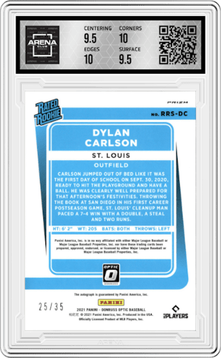 Dylan Carlson from the 2021 Panini Donruss Optic set featuring a Teal Velocity parallel graded by Arena Club and given an overall grade of 10.