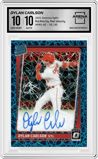 Dylan Carlson from the 2021 Panini Donruss Optic set featuring a Teal Velocity parallel graded by Arena Club and given an overall grade of 10.