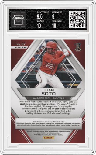 Juan Soto from the 2018 Panini Chronicles set graded by Arena Club and given an overall grade of 9.5.