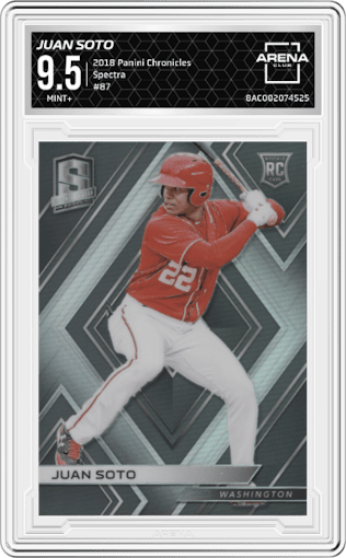 Juan Soto from the 2018 Panini Chronicles set graded by Arena Club and given an overall grade of 9.5.
