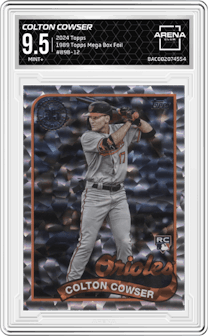 Colton Cowser from the 2024 Topps  set featuring a Mega Box Foil parallel graded by Arena Club and given an overall grade of 9.5.