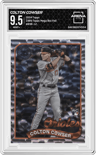 Colton Cowser from the 2024 Topps  set featuring a Mega Box Foil parallel graded by Arena Club and given an overall grade of 9.5.