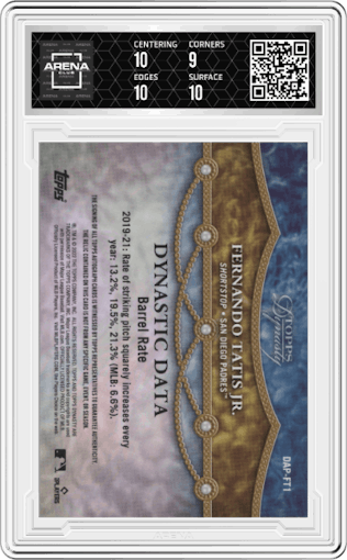 Fernando Tatis Jr. from the 2022 Topps Dynasty set graded by Arena Club and given an overall grade of 9.5.
