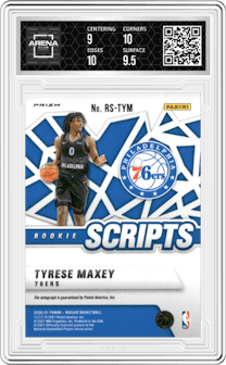 Tyrese Maxey from the 2020-21 Panini Mosaic set featuring a Gold parallel graded by Arena Club and given an overall grade of 9.5.