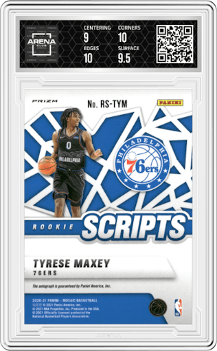 Tyrese Maxey from the 2020-21 Panini Mosaic set featuring a Gold parallel graded by Arena Club and given an overall grade of 9.5.