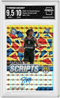 Tyrese Maxey from the 2020-21 Panini Mosaic set featuring a Gold parallel graded by Arena Club and given an overall grade of 9.5.