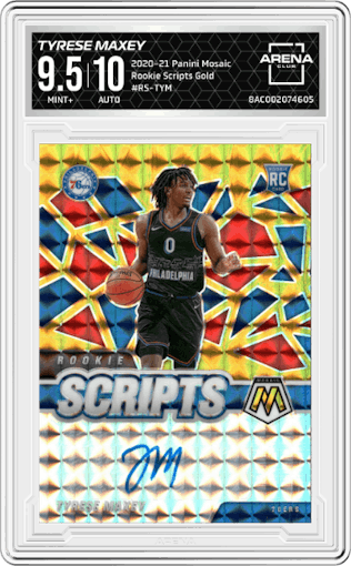 Tyrese Maxey from the 2020-21 Panini Mosaic set featuring a Gold parallel graded by Arena Club and given an overall grade of 9.5.