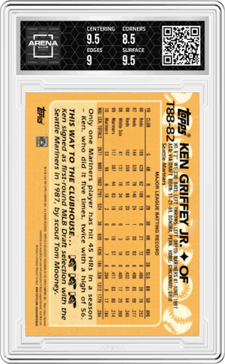 Ken Griffey Jr. from the 2023 Topps Series 1 set featuring a Blue parallel graded by Arena Club and given an overall grade of 9.