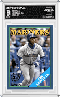 Ken Griffey Jr. from the 2023 Topps Series 1 set featuring a Blue parallel graded by Arena Club and given an overall grade of 9.