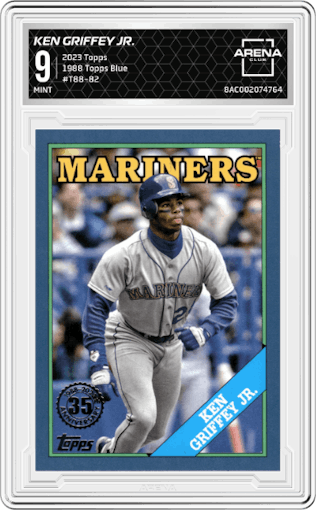 Ken Griffey Jr. from the 2023 Topps Series 1 set featuring a Blue parallel graded by Arena Club and given an overall grade of 9.