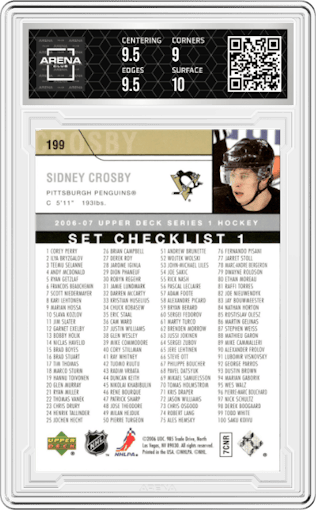 Sidney Crosby from the 2006-07 Upper Deck set graded by Arena Club and given an overall grade of 9.5.