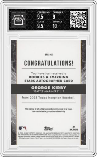 George Kirby from the 2023 Topps Inception set graded by Arena Club and given an overall grade of 9.5.