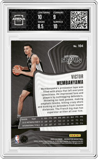 Victor Wembanyama from the 2023-24 Panini Revolution set graded by Arena Club and given an overall grade of 9.