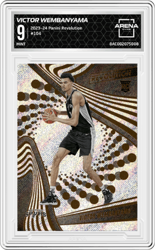 Victor Wembanyama from the 2023-24 Panini Revolution set graded by Arena Club and given an overall grade of 9.