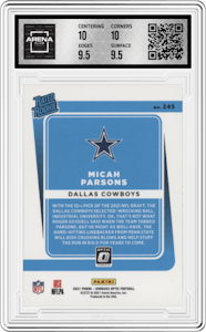 Micah Parsons from the 2021 Panini Donruss Optic set graded by Arena Club and given an overall grade of 10.
