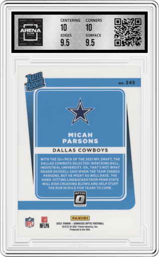 Micah Parsons from the 2021 Panini Donruss Optic set graded by Arena Club and given an overall grade of 10.
