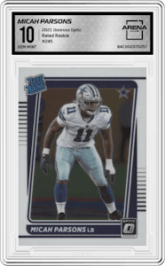 Micah Parsons from the 2021 Panini Donruss Optic set graded by Arena Club and given an overall grade of 10.