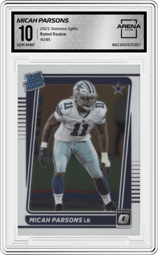Micah Parsons from the 2021 Panini Donruss Optic set graded by Arena Club and given an overall grade of 10.
