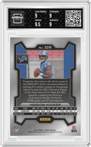 Hendon Hooker from the 2023 Panini Prizm set graded by Arena Club and given an overall grade of 9.