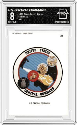 U.S. Central Command from the 1991 Topps Desert Storm Trading set graded by Arena Club and given an overall grade of 8.