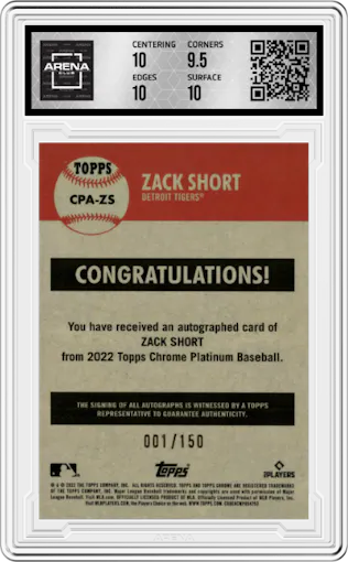 Zack Short from the 2022 Topps Chrome Platinum Anniversary set featuring a Aqua Refractor parallel graded by Arena Club and given an overall grade of 10.