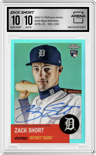 Zack Short from the 2022 Topps Chrome Platinum Anniversary set featuring a Aqua Refractor parallel graded by Arena Club and given an overall grade of 10.